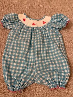 Blue Gingham Smocked Playsuit with Pink Bunny Motif